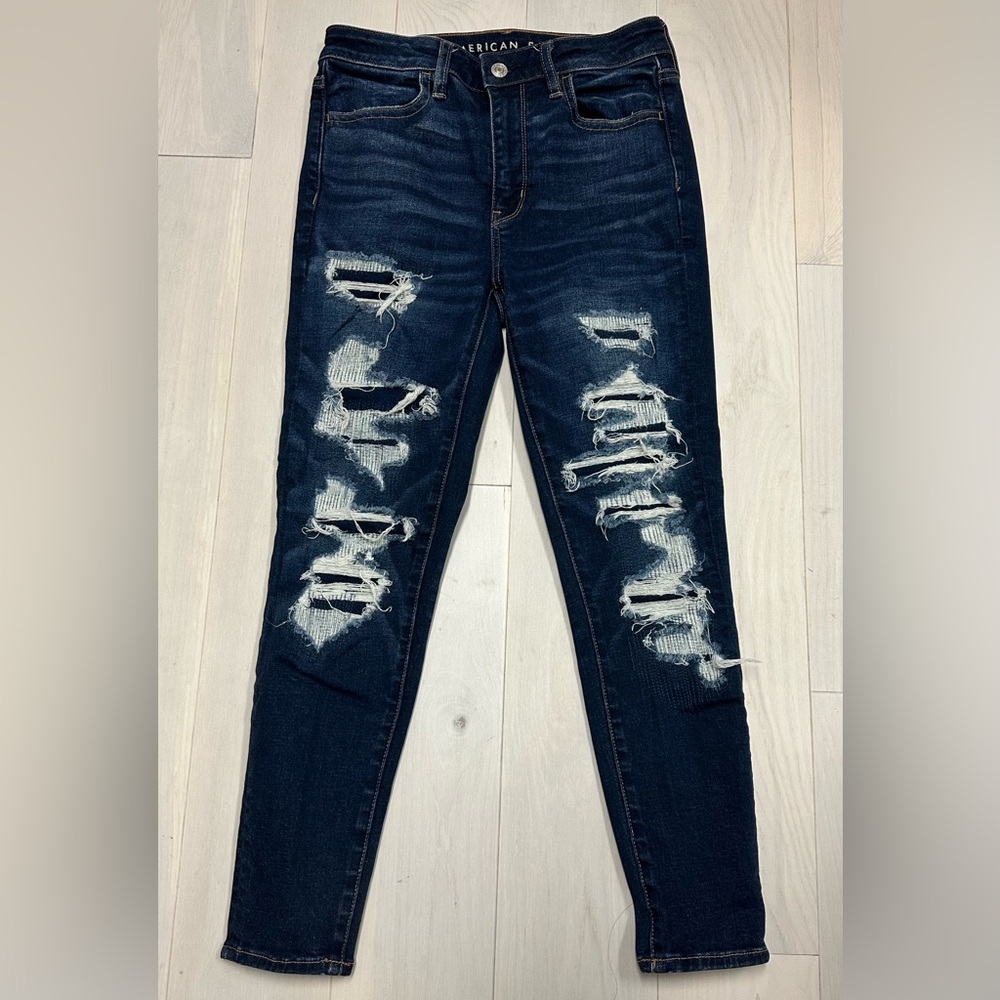 American Eagle Outfitters Dark Blue Distressed Skinny Jeans 4